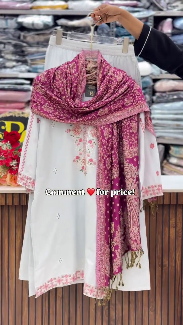 Elegant White Embroidered Kurti Set with Printed Dupatta – Festive Wear