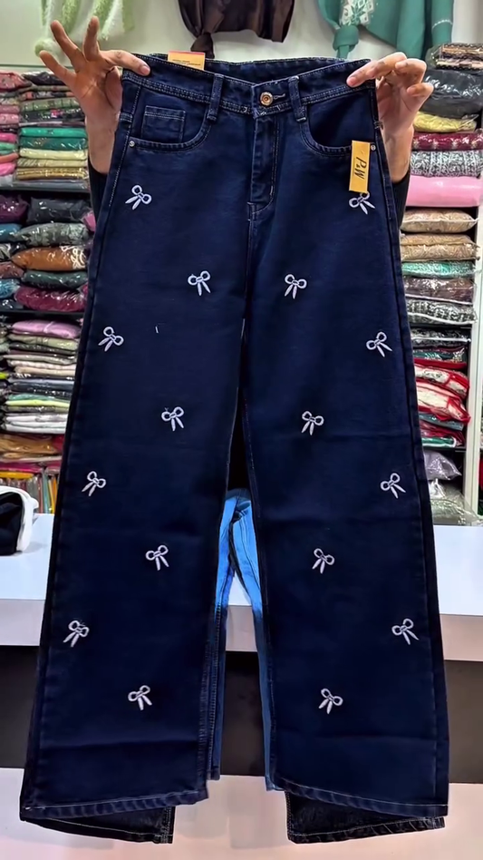 Women’s Wide-Leg Blue Denim Jeans with Heart Rhinestone Embellishment