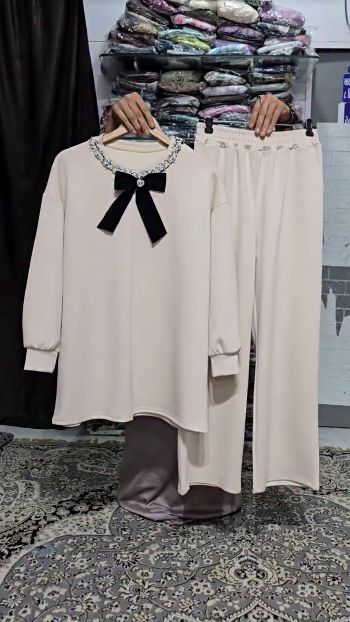 Elegant Pearl Bow Lounge Co-Ord Set for Women