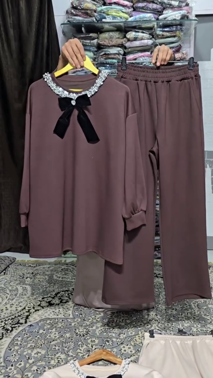 Elegant Pearl Bow Lounge Co-Ord Set for Women