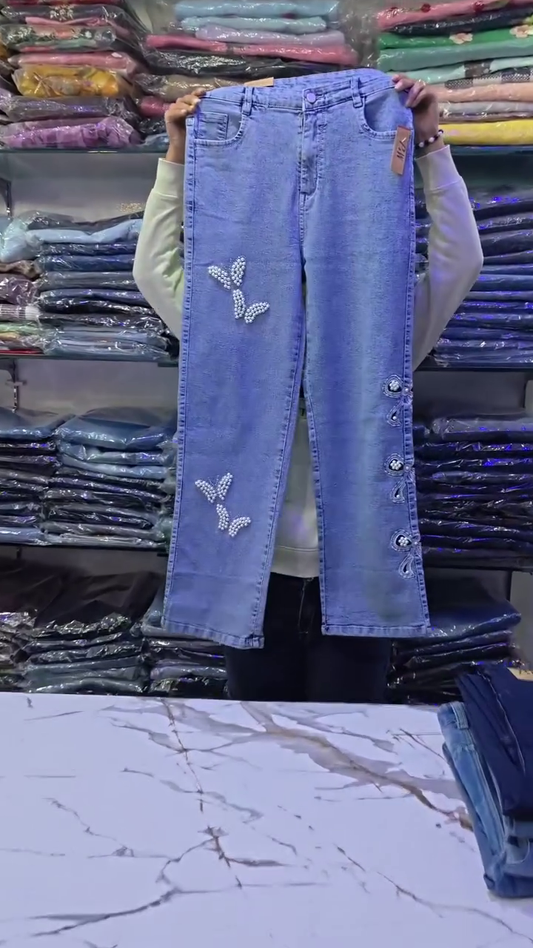 Butterfly Pearl Embellished Wide-Leg Denim Jeans for Women
