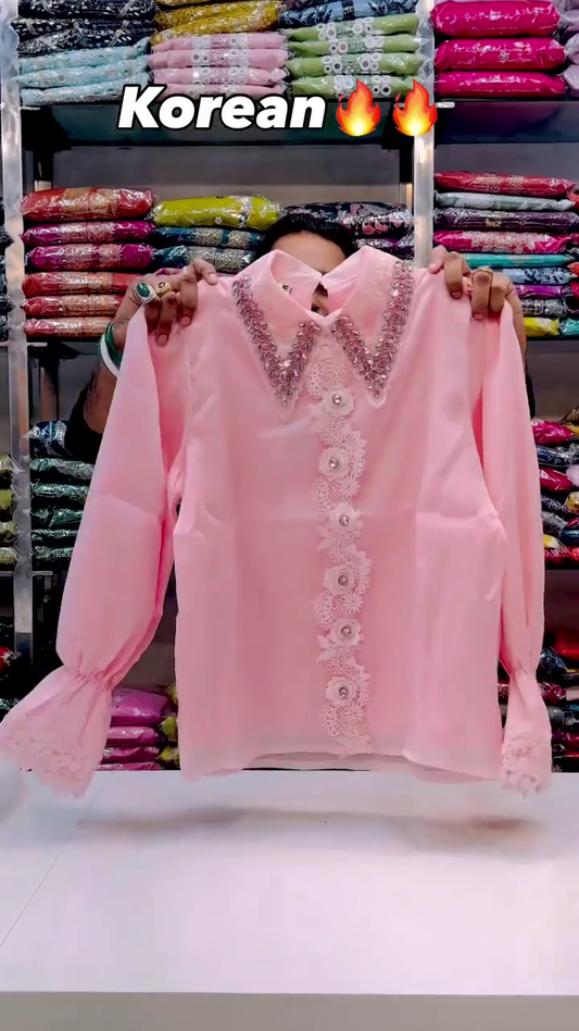 Korean Style Embellished Collar Lace Button Shirt for Women