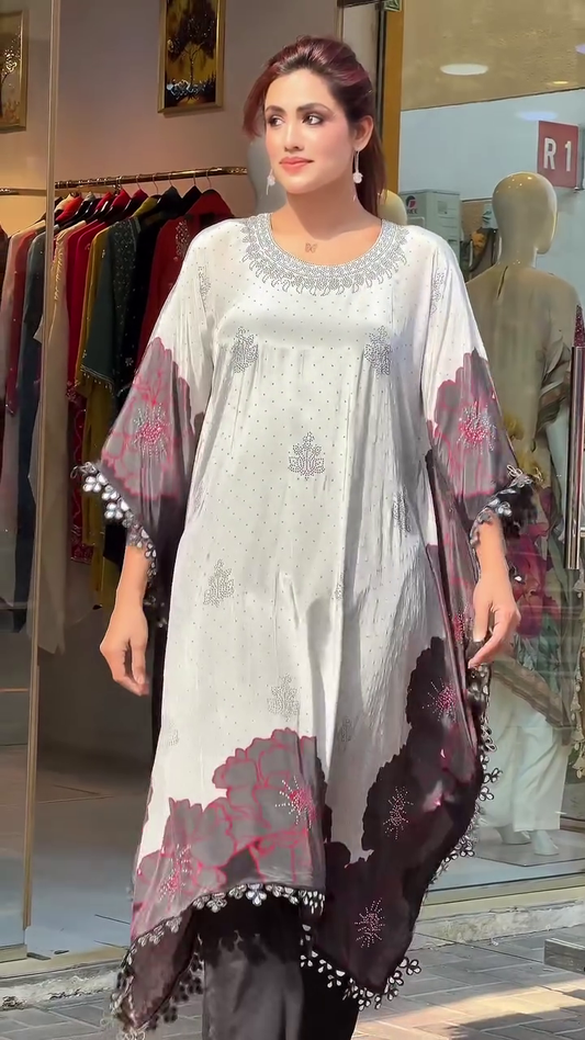 Elegant Floral Border Kaftan Style Maxi Dress