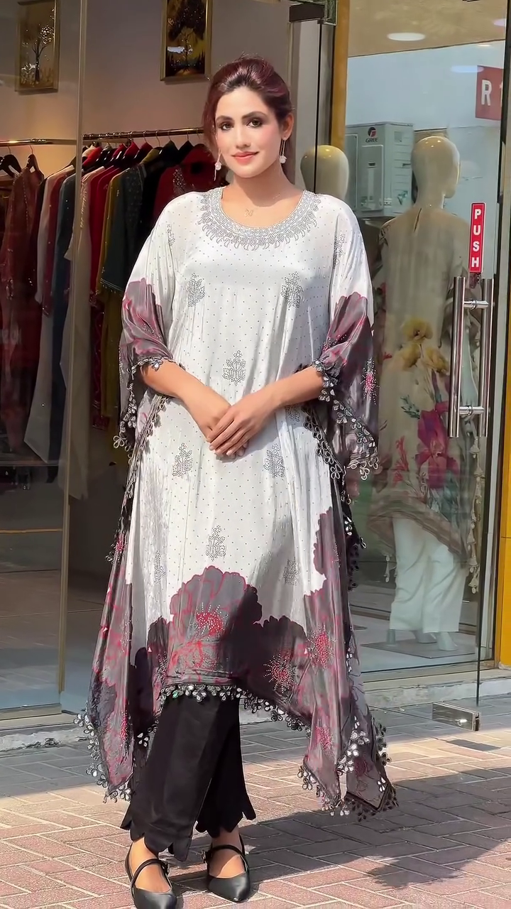 Elegant Floral Border Kaftan Style Maxi Dress