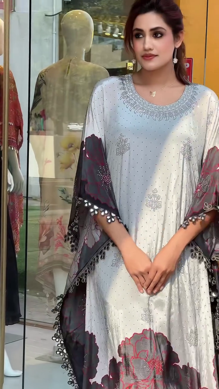 Elegant Floral Border Kaftan Style Maxi Dress