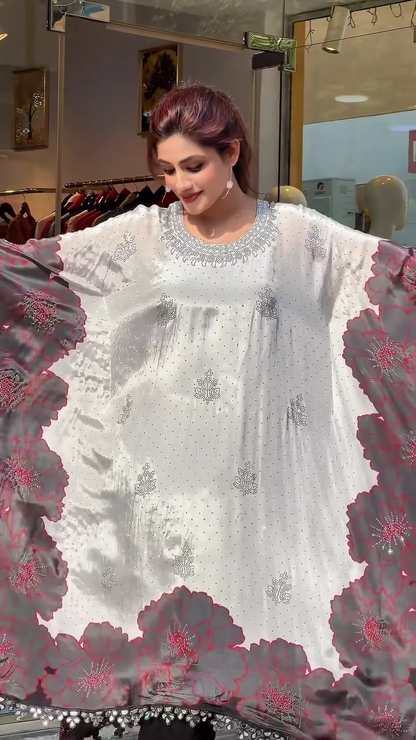 Elegant Floral Border Kaftan Style Maxi Dress