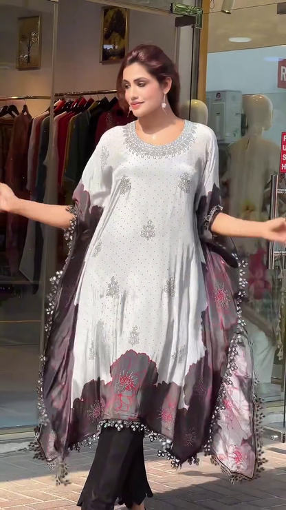 Elegant Floral Border Kaftan Style Maxi Dress