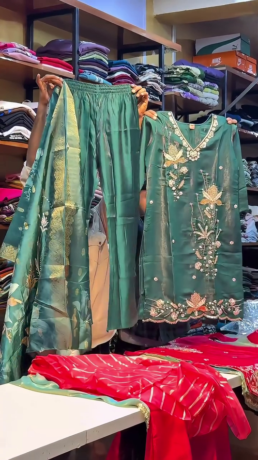 Festive Embroidered Kurti Palazzo Set with Dupatta