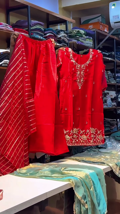 Festive Embroidered Kurti Palazzo Set with Dupatta
