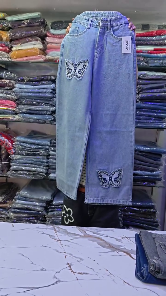 Floral & Butterfly Embellished Wide-Leg Denim Jeans