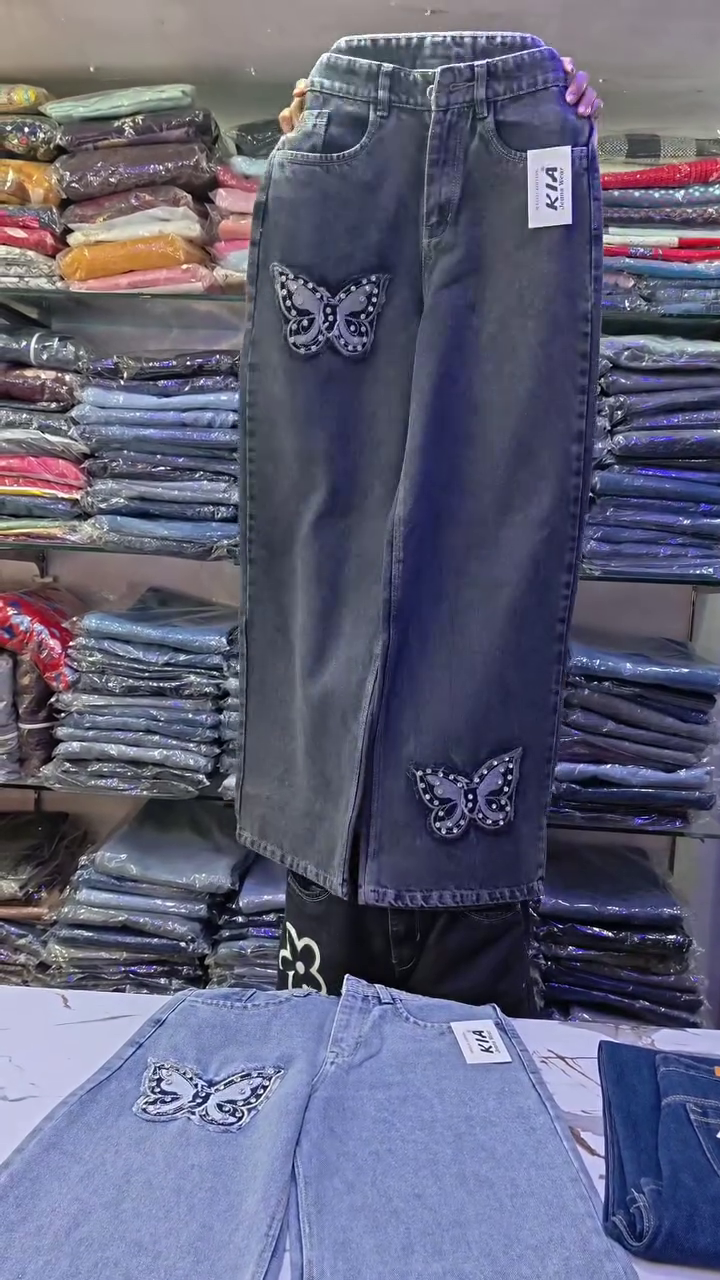 Floral & Butterfly Embellished Wide-Leg Denim Jeans