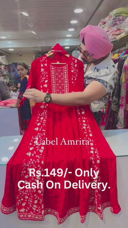 Vibrant red Heavy Rayon Anarkali suit