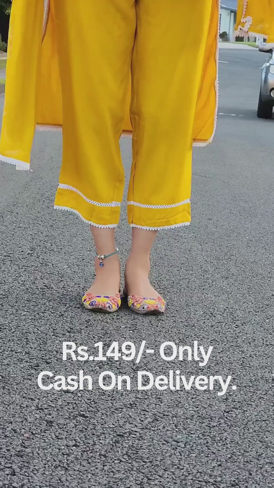 Yellow Silk Lace Work Pant Suit With Dupatta