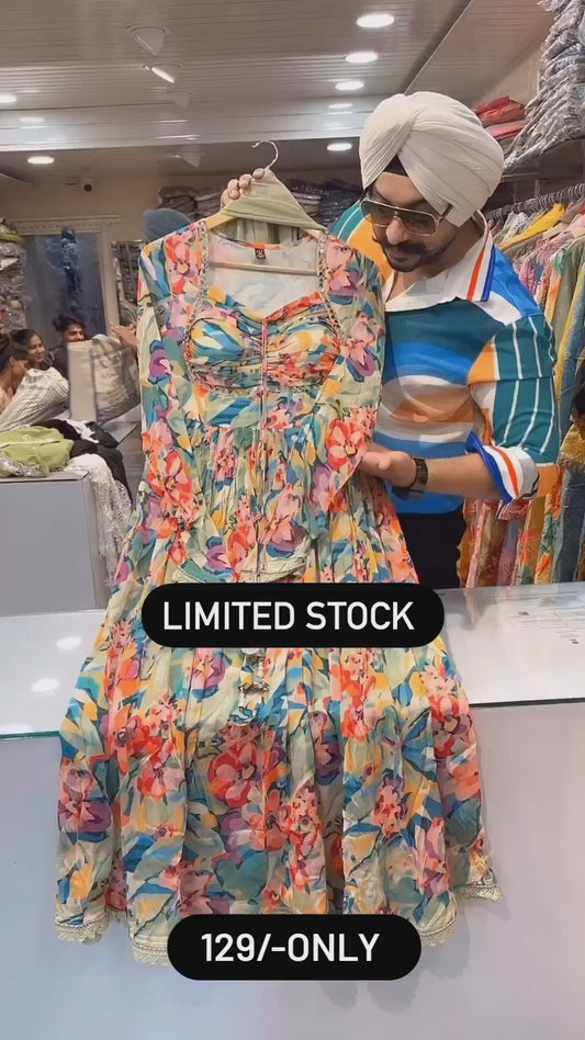 Multi-Coloured Printed Flared Long Kota Kurta