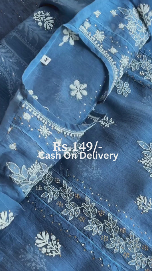 Organza Chikankari Applique Kurta Set Prussian Blue Colour