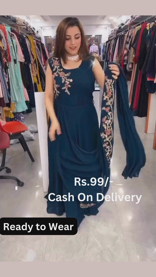 Peacock Blue Georgette Anarkali Style Long Gown