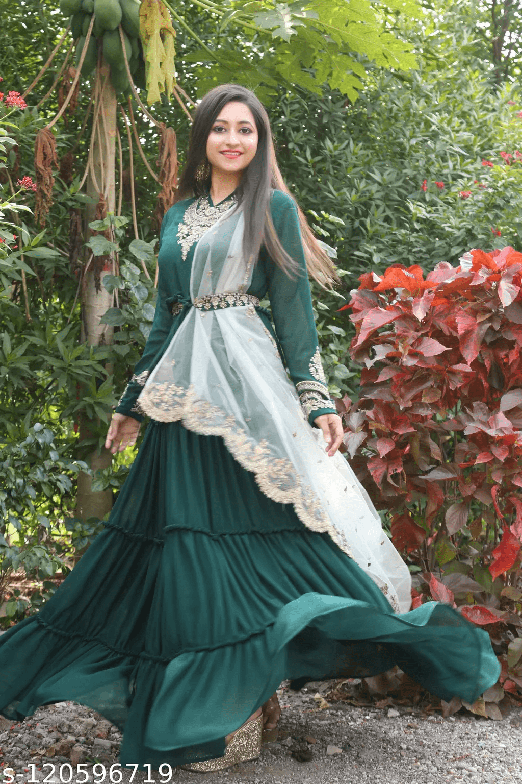 Green Color Full Stitched Faux Georgette Top with Santoon inner and Net Dupatta Embroidered Gown
