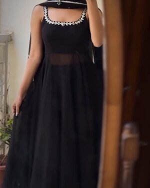 Elegant Black Georgette Anarkali | Fully Stitched Flared Set