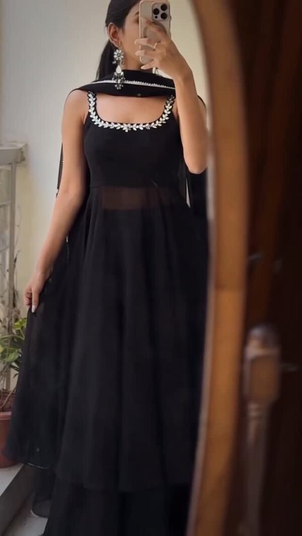 Elegant Black Georgette Anarkali | Fully Stitched Flared Set